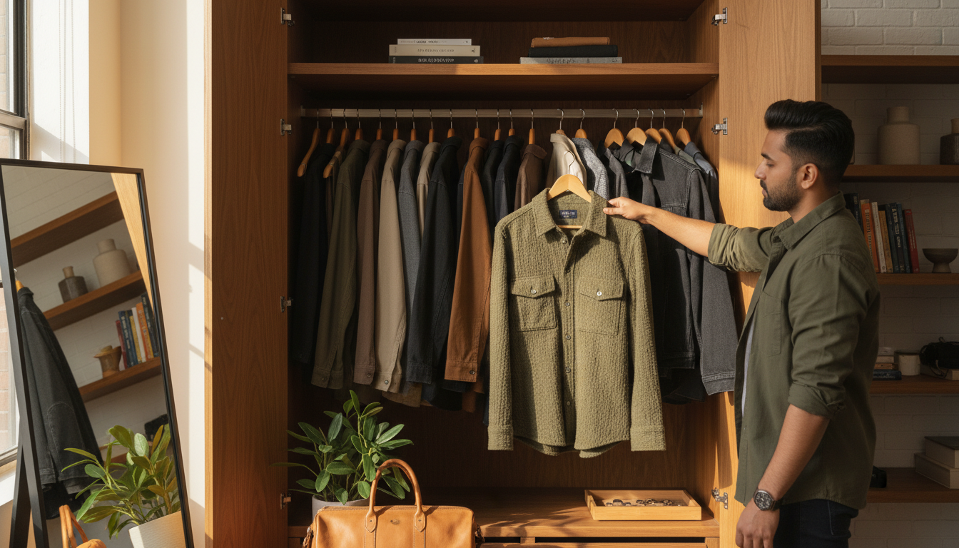 Closet rail with black anchored by olive, green, and brown men's pieces, showing a subtle, wearable color palette.