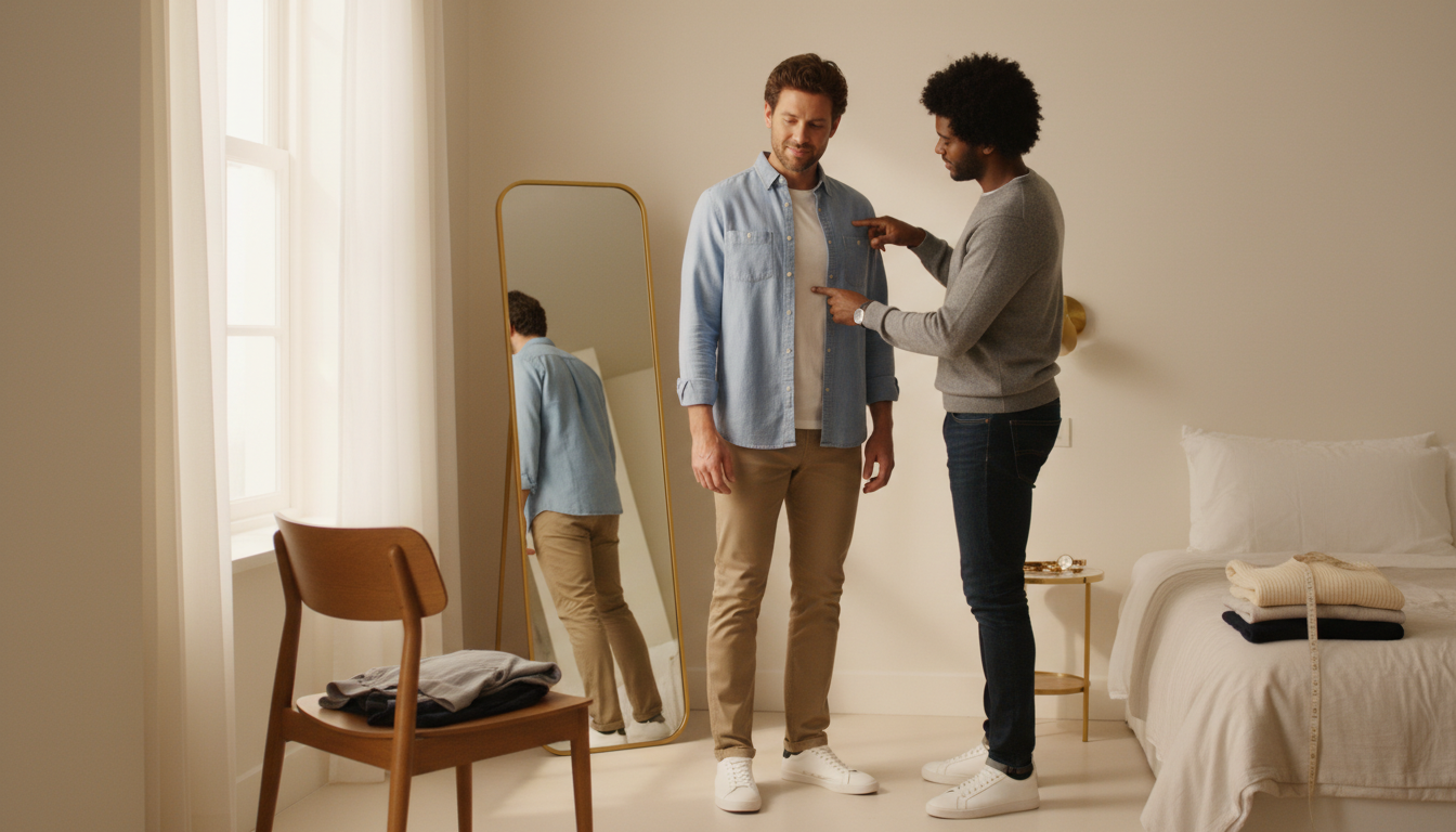 Man in a minimalist bedroom having the fit of his shirt and chinos checked at the shoulders, torso, and pant break.
