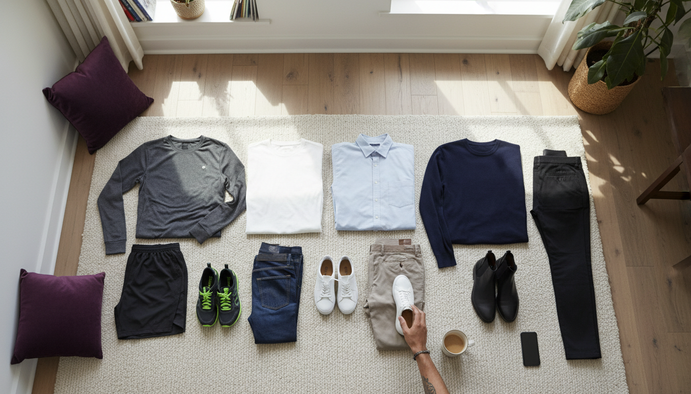 Four men's outfits on a rug, each paired with the right shoes, from running shoes to loafers and boots.