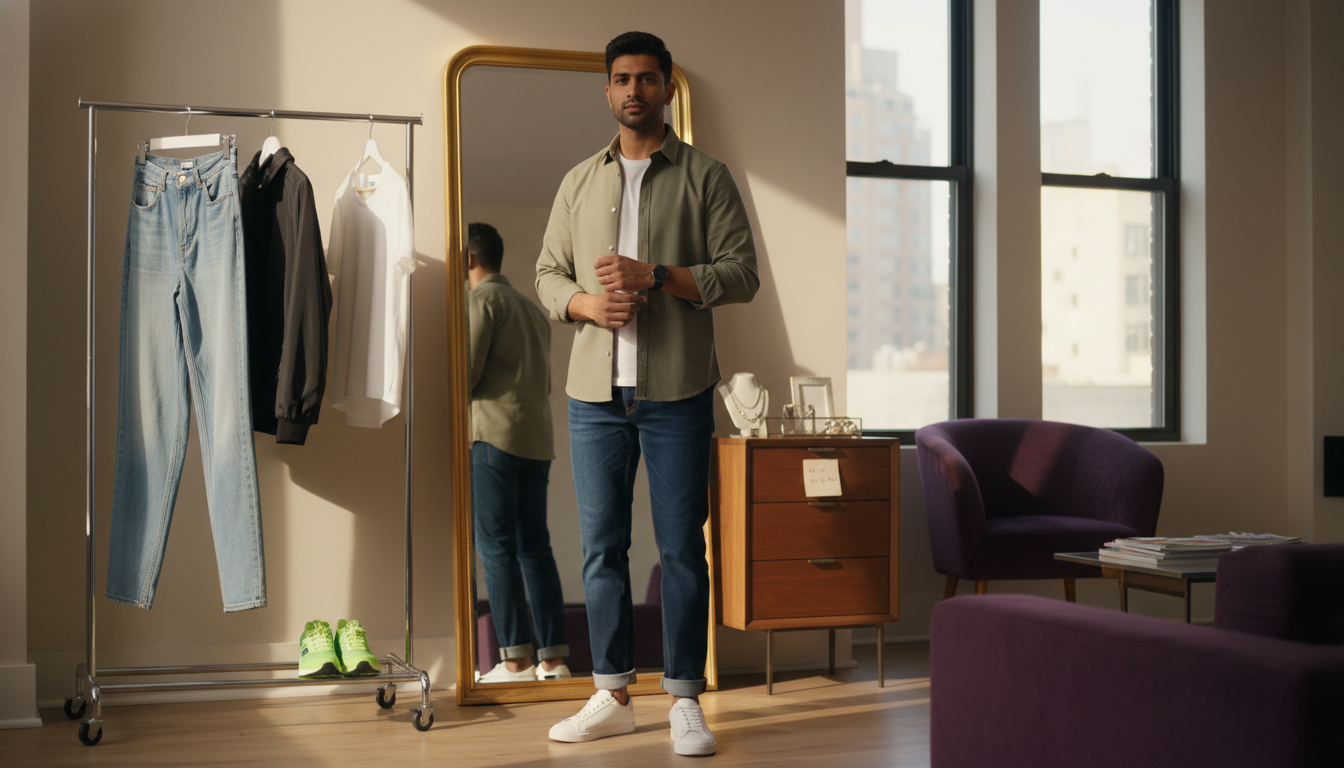 Well-dressed man in a modern city apartment, seven corrected outfit details highlighted through refined styling and confident posture