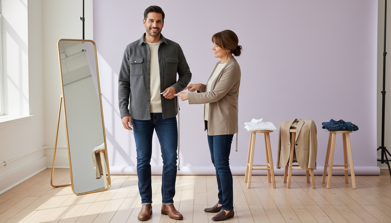 Stylist indicating where a man's shirt, jacket, and pants should end to create balanced proportions.