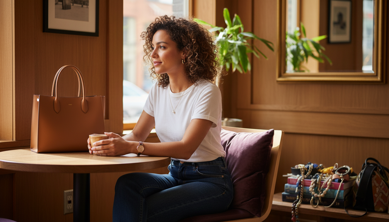 Woman in a café wearing a simple outfit transformed by a few intentional accessories, with a pile of overwhelming pieces off to the side.