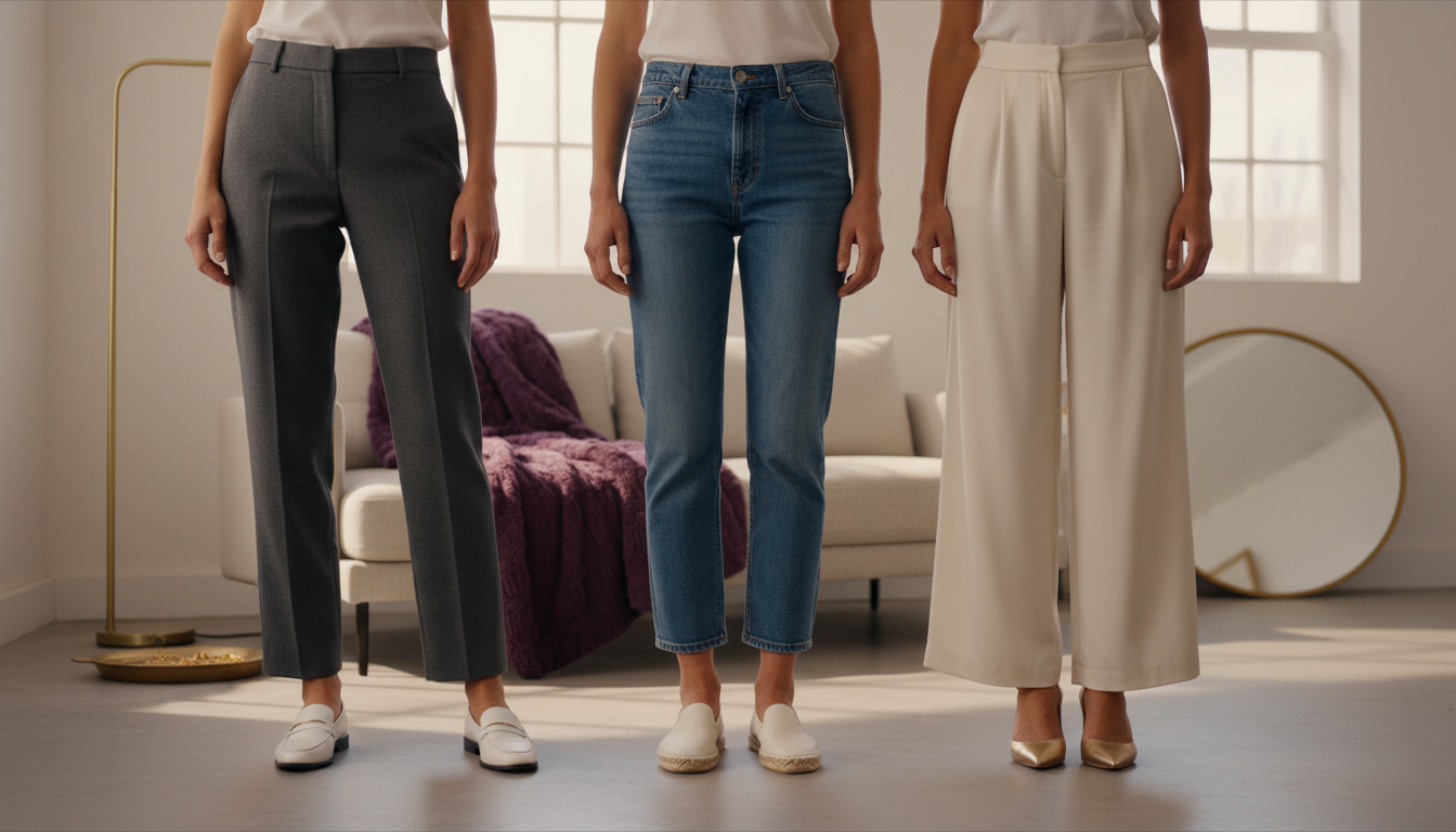 Three women standing side by side, each wearing trousers hemmed to different optimal lengths to show flattering leg lines.