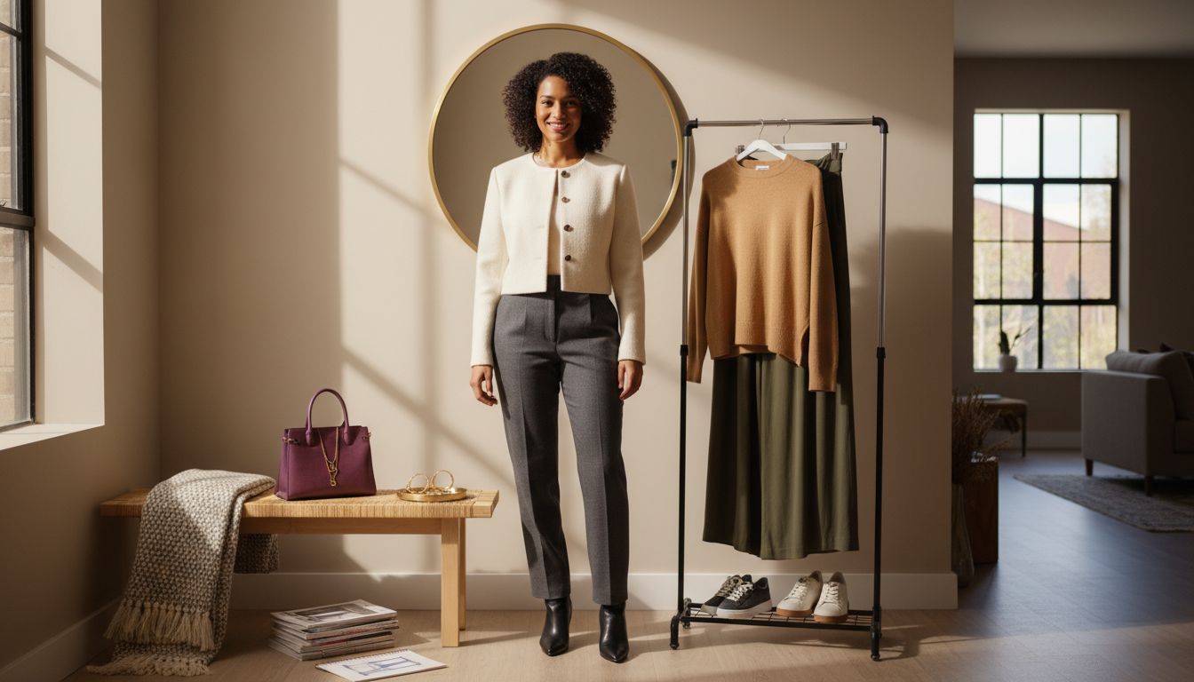 Woman in a hallway wearing a well-proportioned outfit, with overly voluminous pieces hanging nearby to contrast balanced versus unbalanced styling.