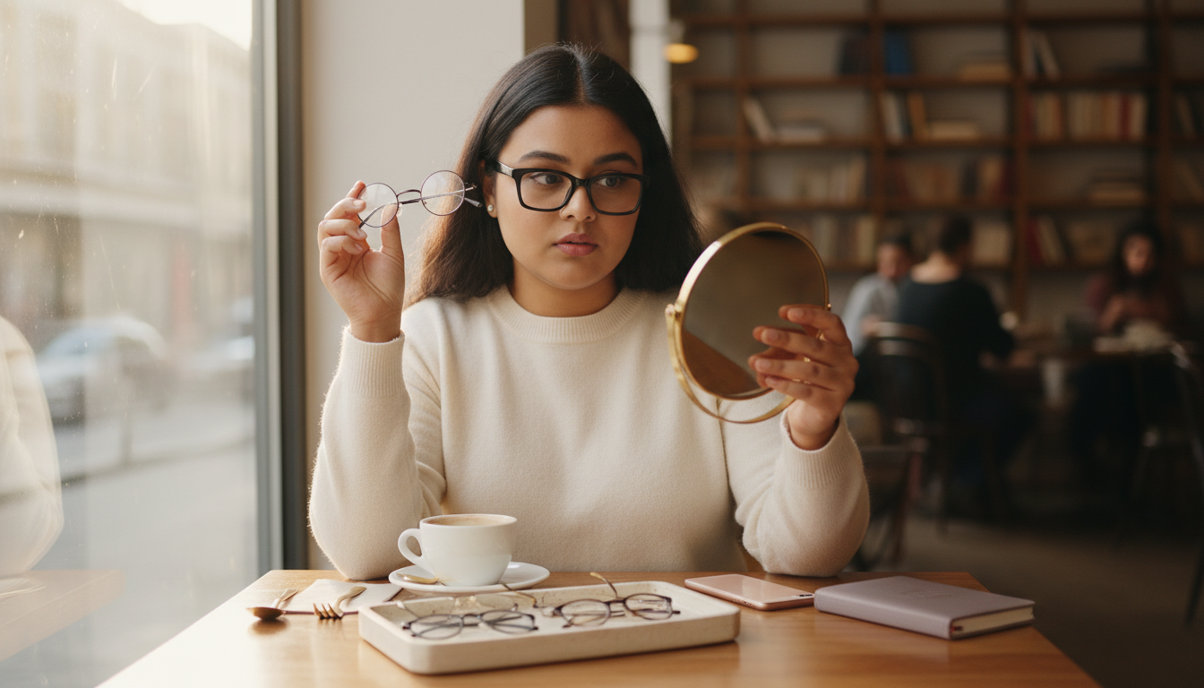 Woman with a round face at a café comparing different glasses, wearing a flattering angular pair while holding a less flattering round style.