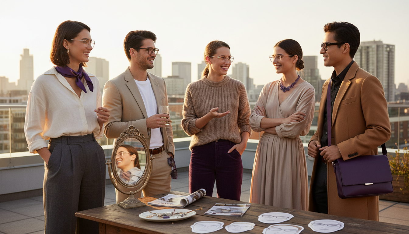 Group of stylish friends on a rooftop, each wearing flattering glasses inspired by celebrity styles for their face shape.