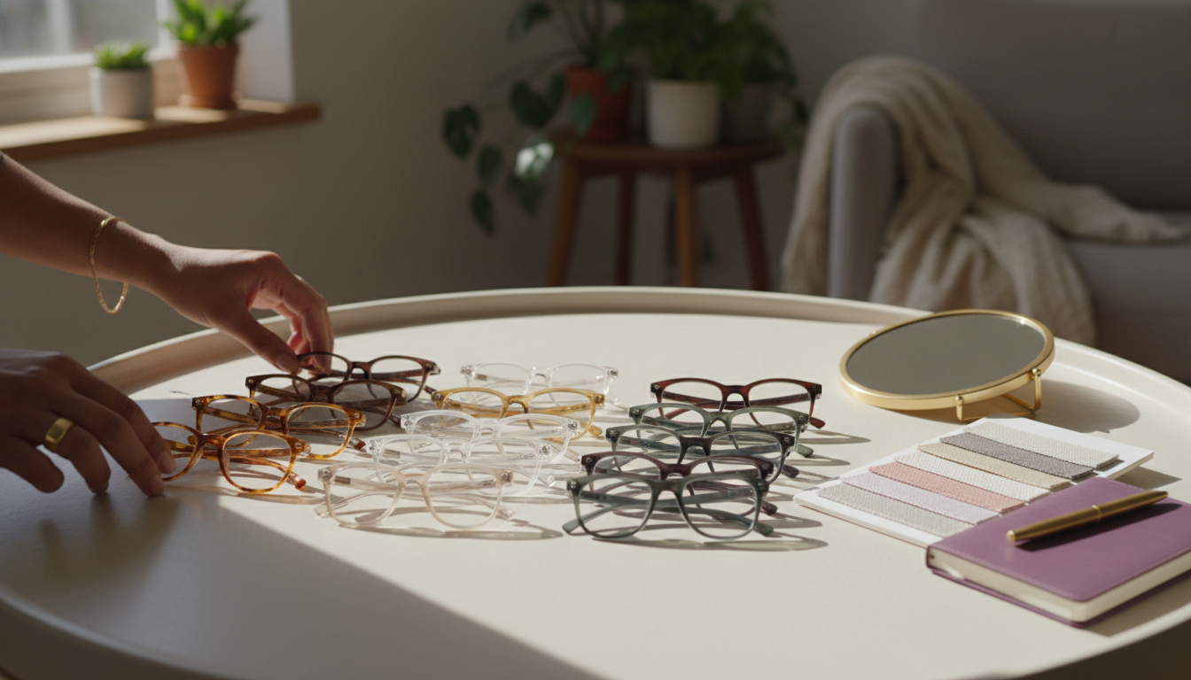 Hands arranging glasses in warm, cool, and neutral colors on a minimalist table with subtle luxe props.