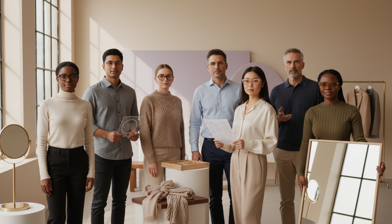 Editorial grid of diverse people showing different face shapes each wearing flattering glasses styles in natural light