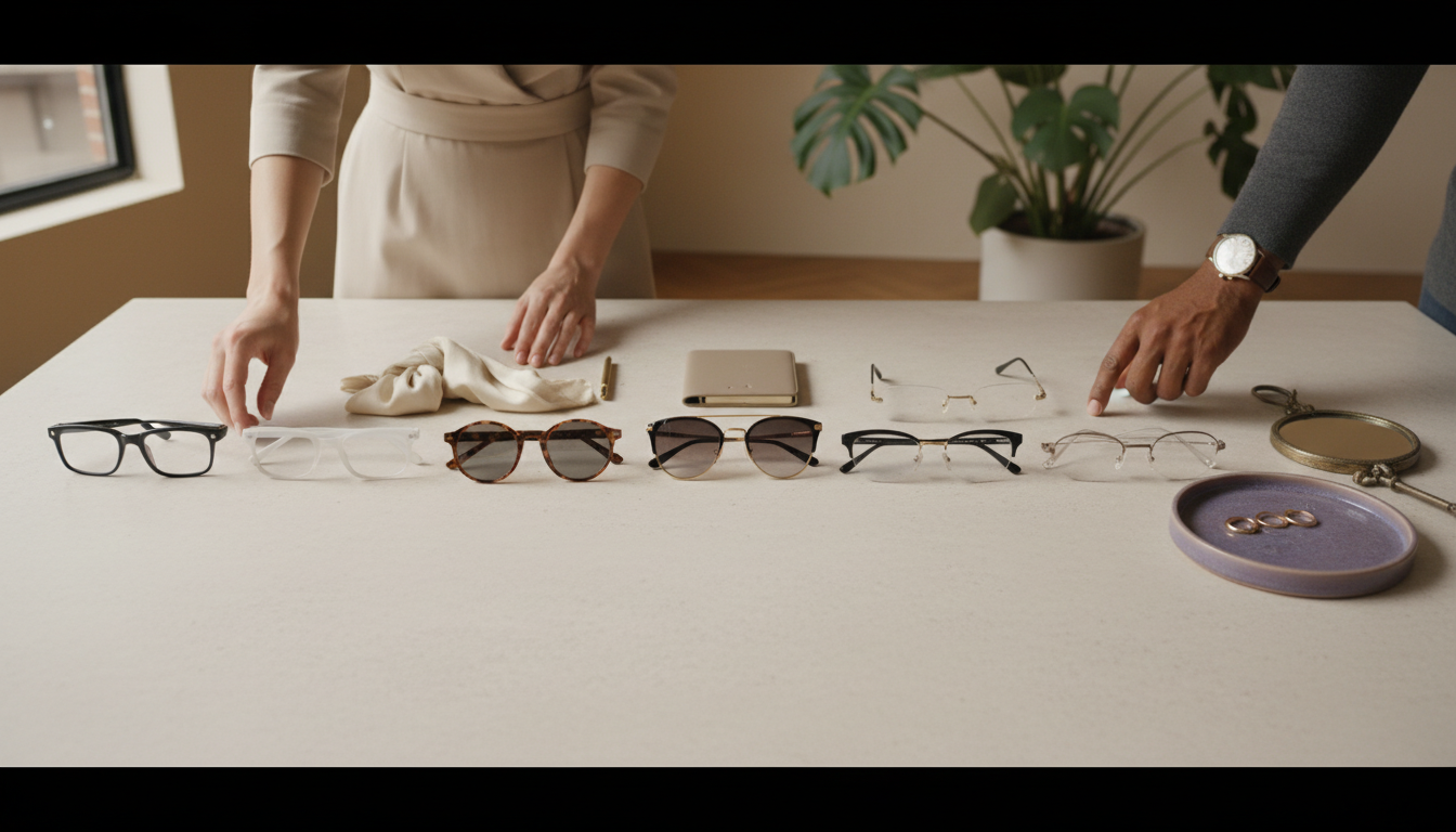 Top-down view of a curated row of different glasses shapes on a minimalist table.