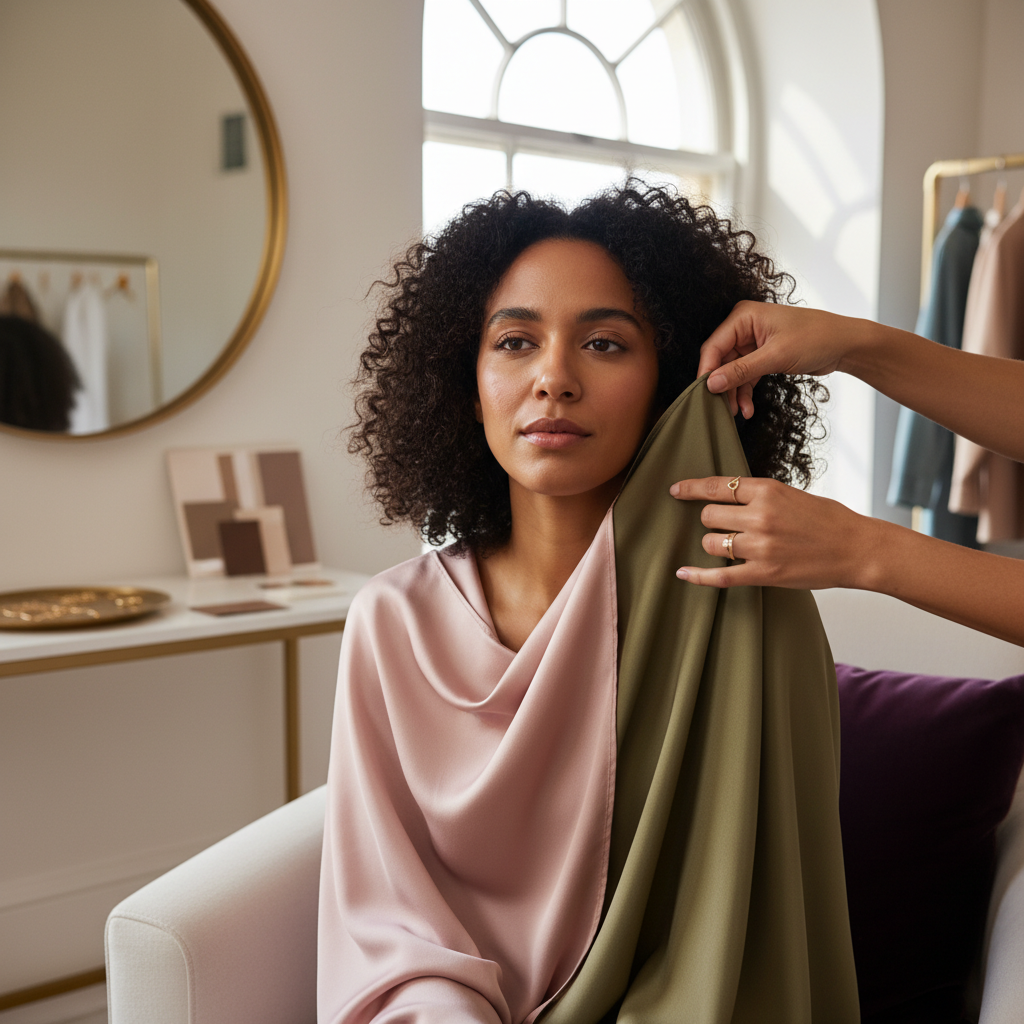 Close-up of a person being draped with two different fabric colors to show how the right palette brightens the face.