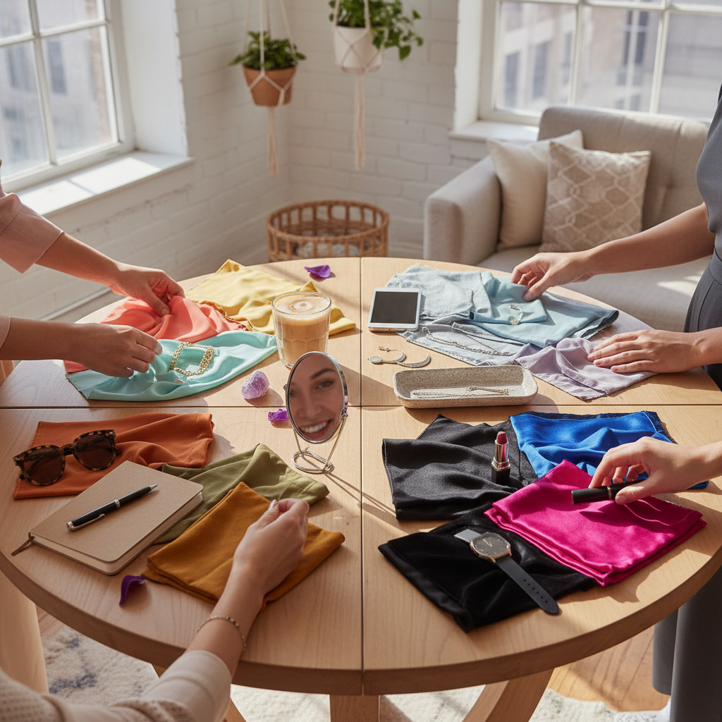 Sunlit editorial-style flatlay of four seasonal color palette boards with lifestyle accessories arranged on a neutral background.