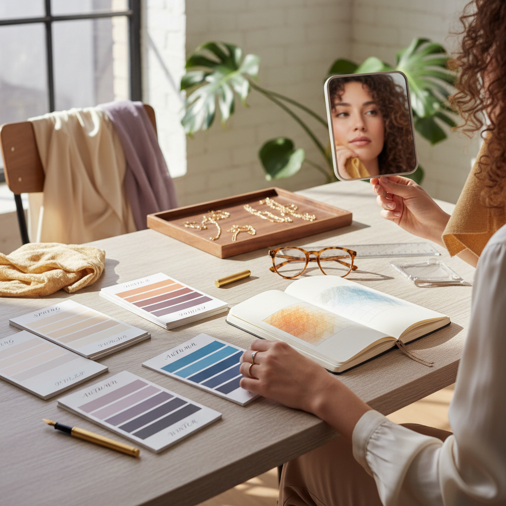 Sunlit workspace with seasonal color swatches and a hand-sketched grid showing depth, contrast, and saturation differences.