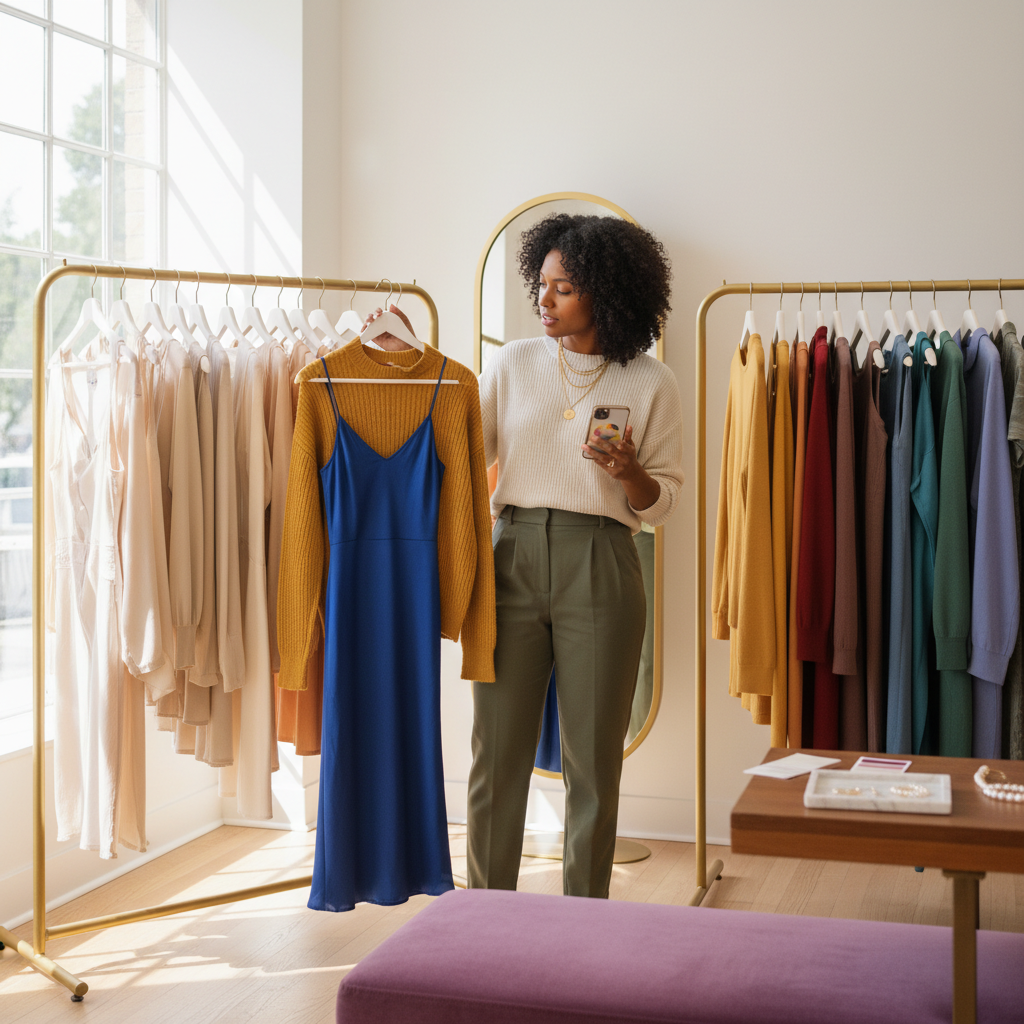 Shopper comparing two garments in different colors against a curated rack, using their palette to decide what to buy.