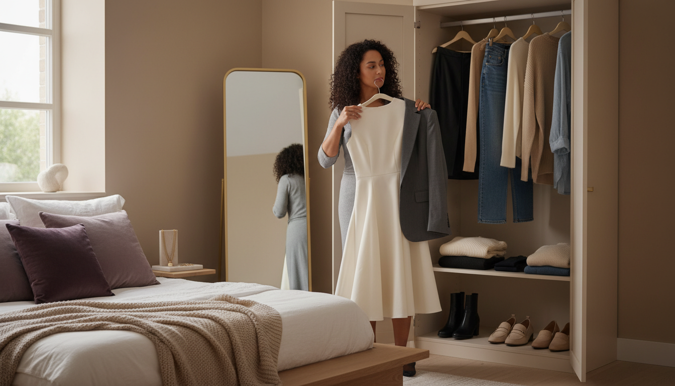 Hourglass woman planning outfits in front of an organized wardrobe filled with fitted knits, high-waisted jeans, skirts, dresses, and tailored layers.