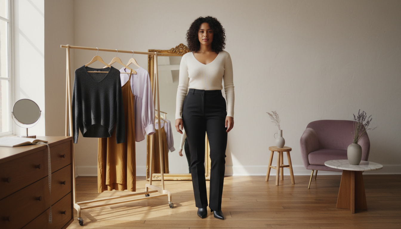 Hourglass woman in a waist-defining outfit standing beside a rack with boxy, drop-waist, and smock pieces that look less suited to her shape.