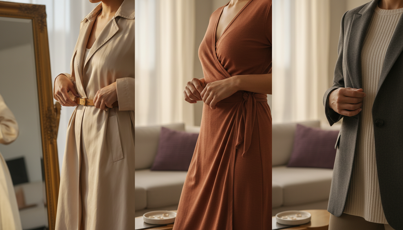 Close-up of an hourglass woman adjusting a waist belt, tying a wrap dress, and holding the lapel of a structured blazer over a ribbed knit top.