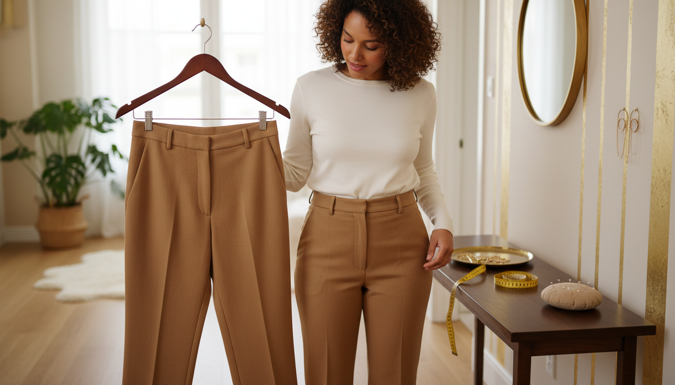 Hourglass woman demonstrating the difference between gaping off-the-rack trousers on her body and a tailored pair on a hanger, in a softly lit hallway.