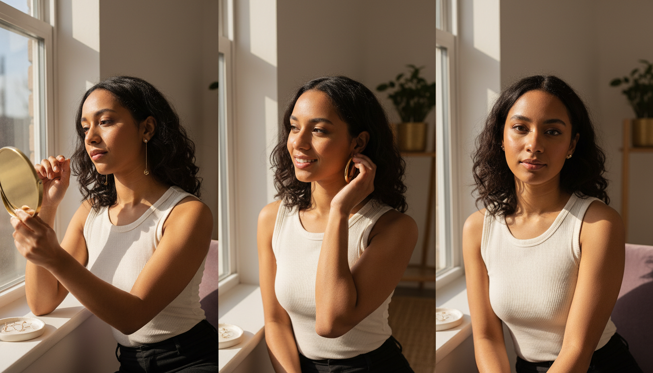 Young woman near a window trying different earring styles to see how they change her face.