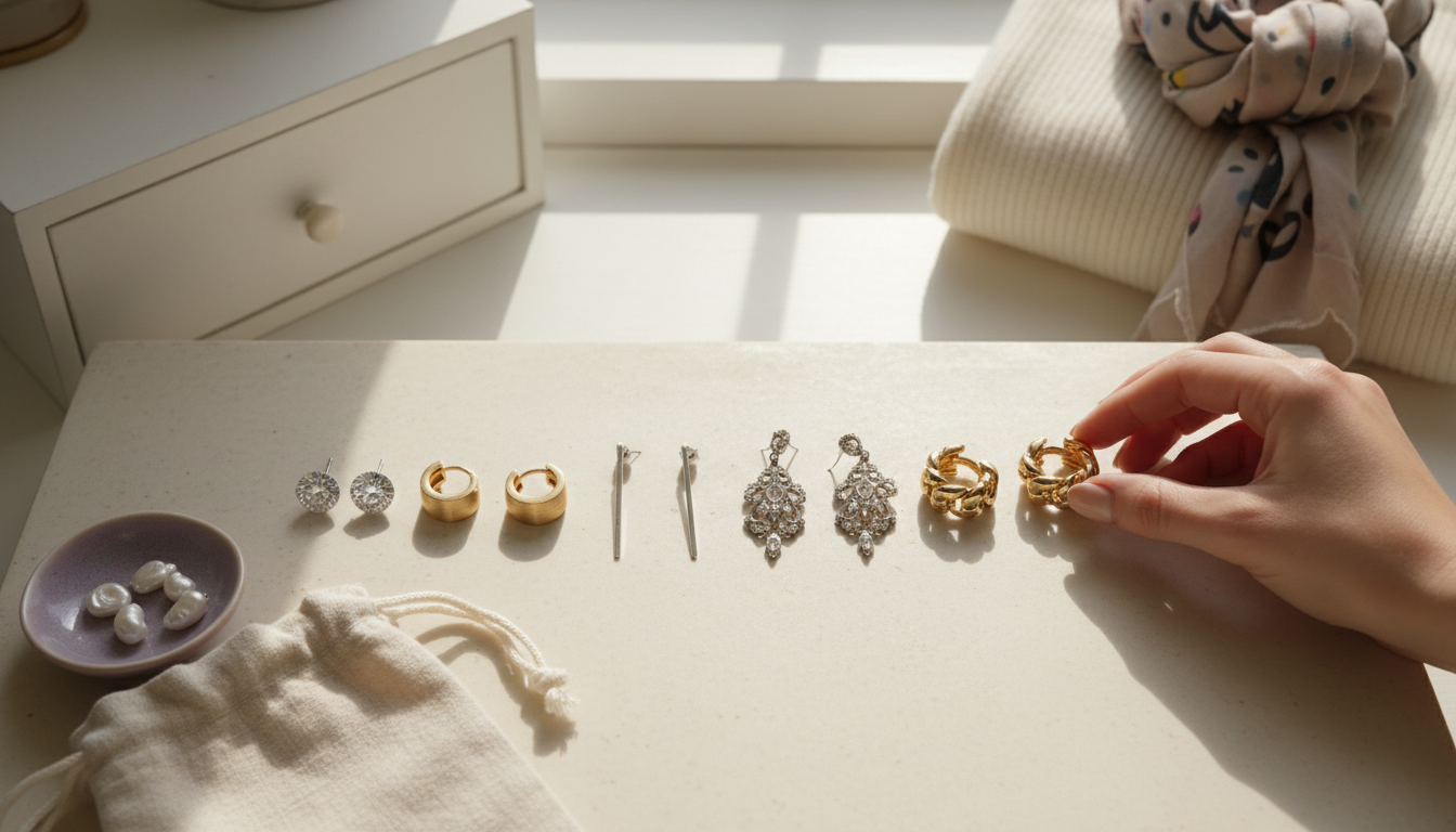 Flat lay of studs, hoops, drops, chandeliers, and huggies arranged on a minimal sunlit surface.