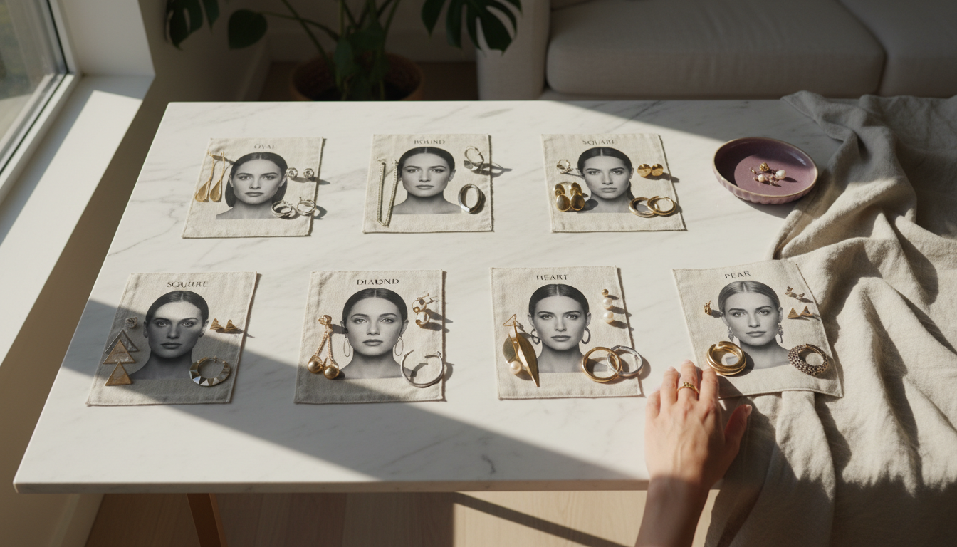 Face shape and earring style matrix showing seven face shapes each styled with three flattering earring types in a clean editorial layout.