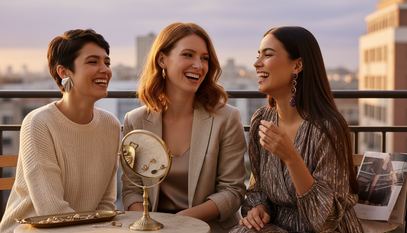 Three women with short, medium, and long hair each wearing different earrings that suit their cut and face shape.