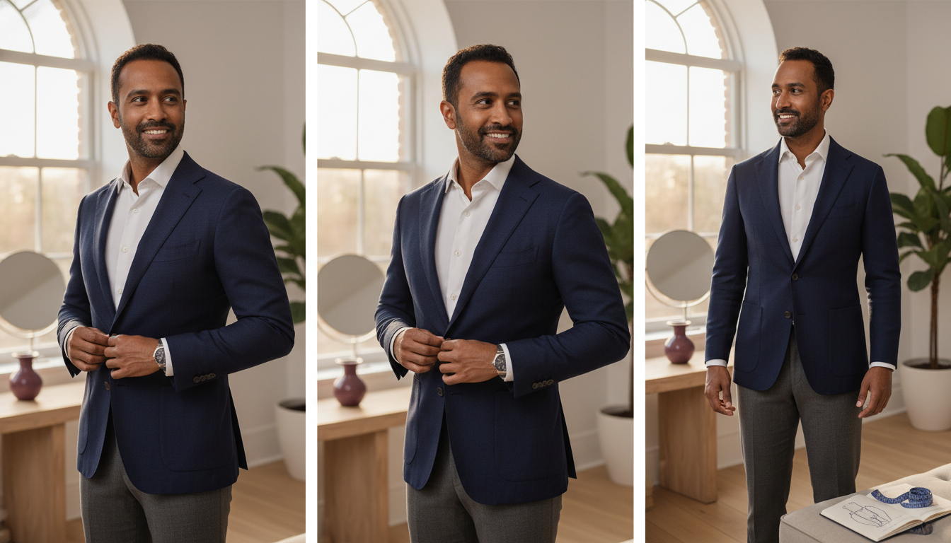 Close-up views of a man in a navy blazer showing correct shoulder seam, sleeve length, and overall blazer length.