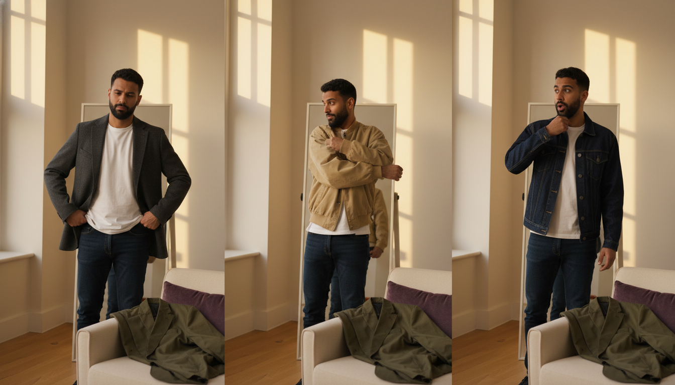 Man standing in front of a mirror wearing jackets that are too long, too short, and with drooping shoulders to illustrate common fit mistakes.