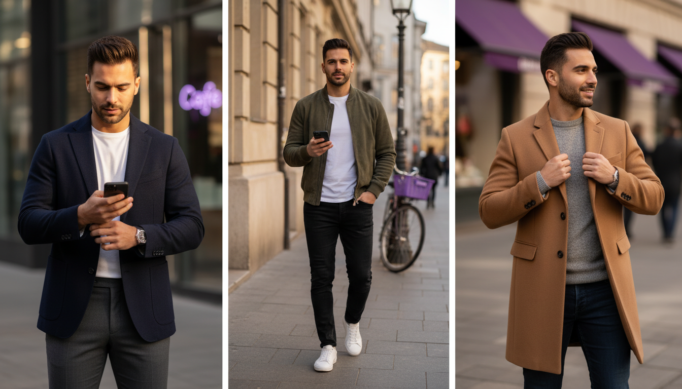 Man in city street wearing blazer, casual jacket, and overcoat in three outfits, demonstrating essential men’s jacket types.