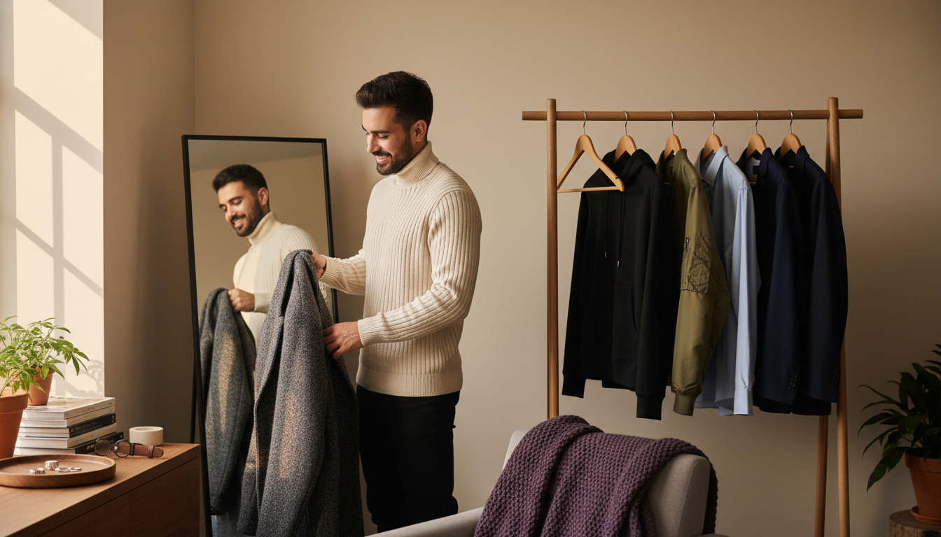 Man in a bright bedroom testing different tops and sweaters under blazers, bombers, and an overcoat on a clothing rail.