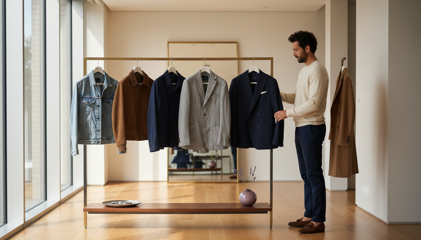 Clothing rail displaying men’s jackets from denim and bombers to blazers and an overcoat, with a man choosing between them.