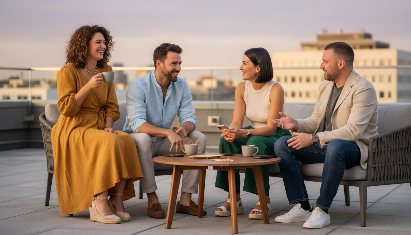 Two broad-shouldered women and two men in balanced outfits mixing V-necks, wrap dresses, wide-leg trousers, and relaxed chinos on a modern city terrace.