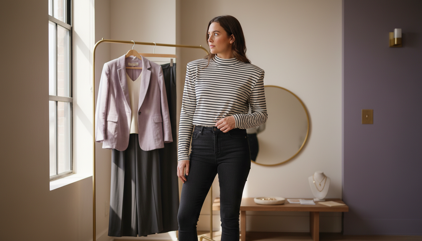 Broad-shouldered person wearing two outfits, one top-heavy and one visually balanced with added volume on the lower body, in a modern sunlit urban setting.