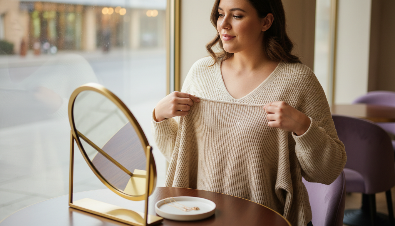 Broad-shouldered woman in a V-neck top holding a wide boat-neck top, showing how different necklines change the way her shoulders read.