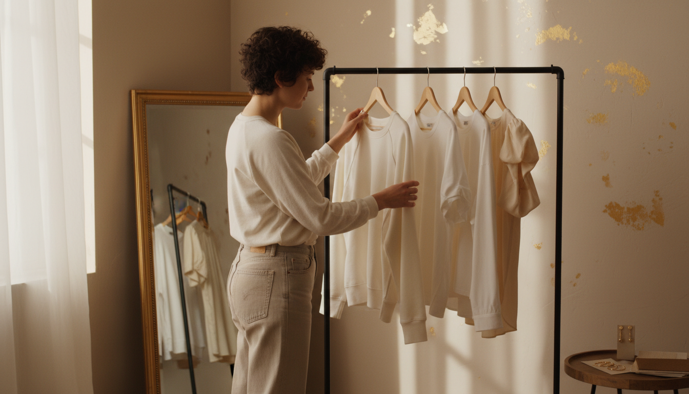 Broad-shouldered person selecting a raglan-sleeve top from a rack that also shows cap and puff sleeves for comparison.