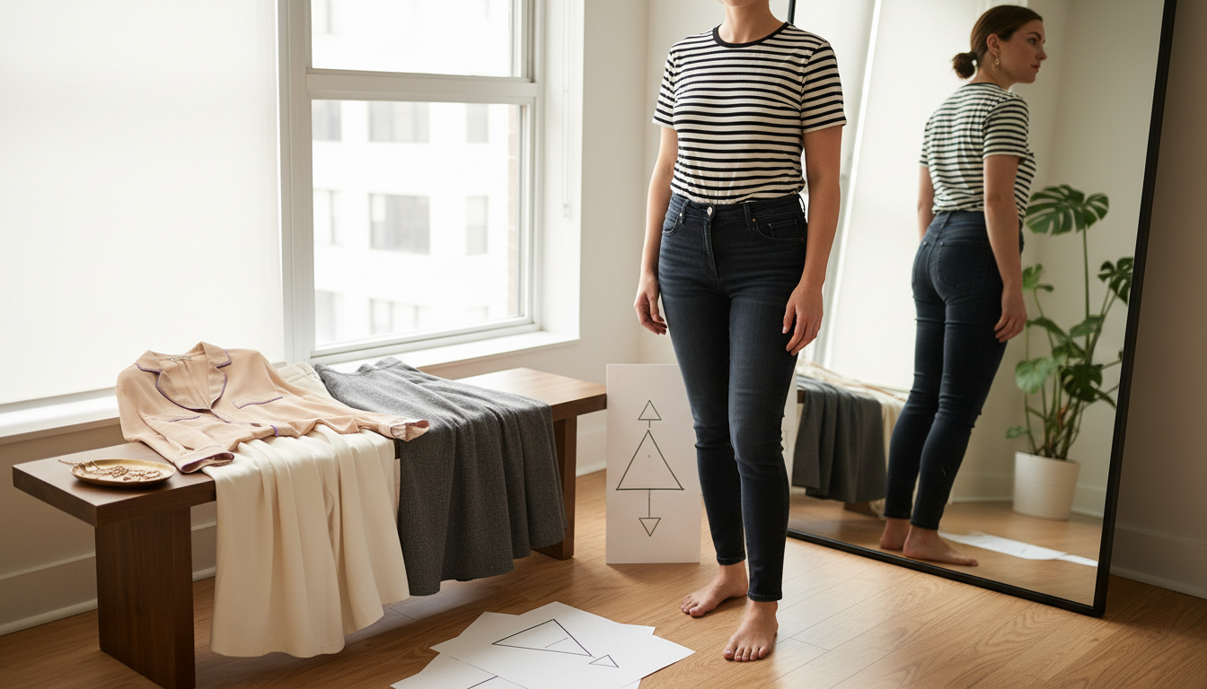 Broad-shouldered person in a tight top and skinny jeans facing a mirror, with wide-leg pants and an A-line skirt laid out beside them as balanced options.