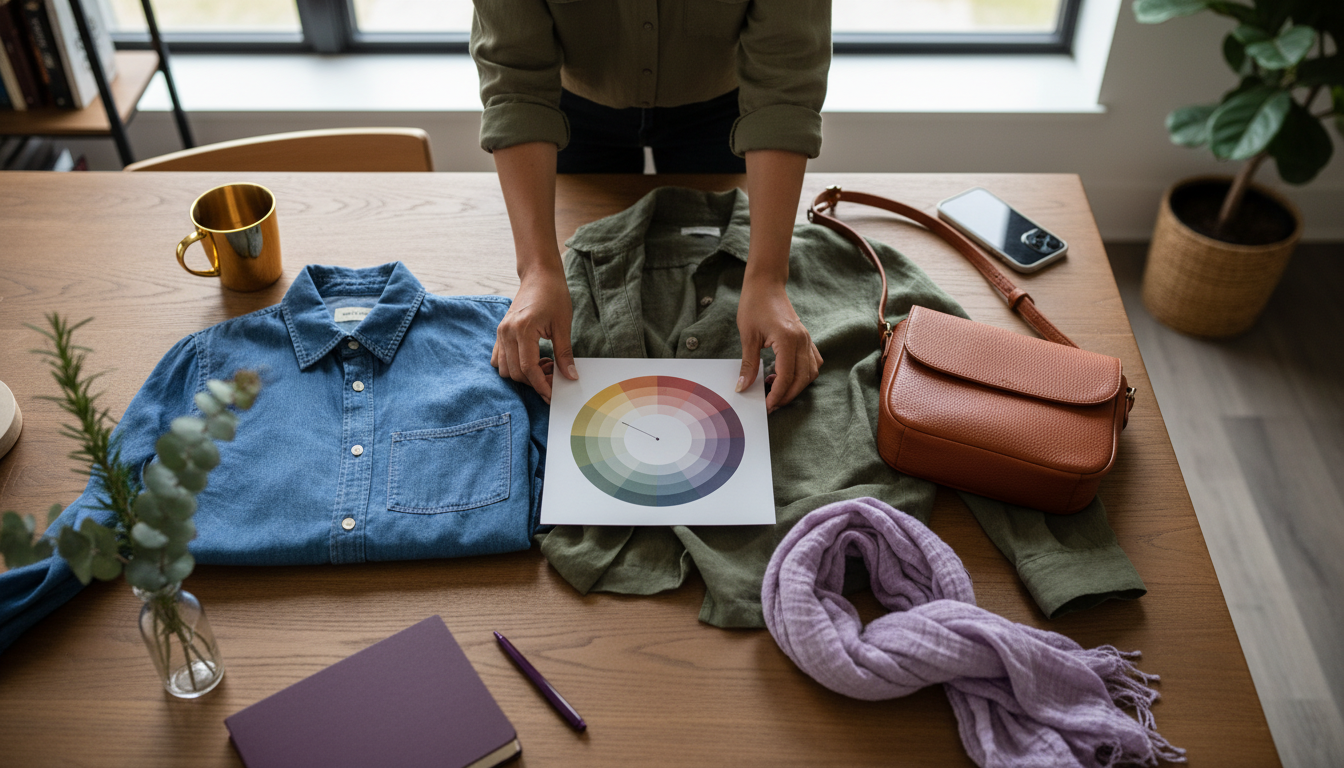 Overhead view of a color wheel surrounded by real clothing and fabric swatches showing analogous and complementary color relationships.