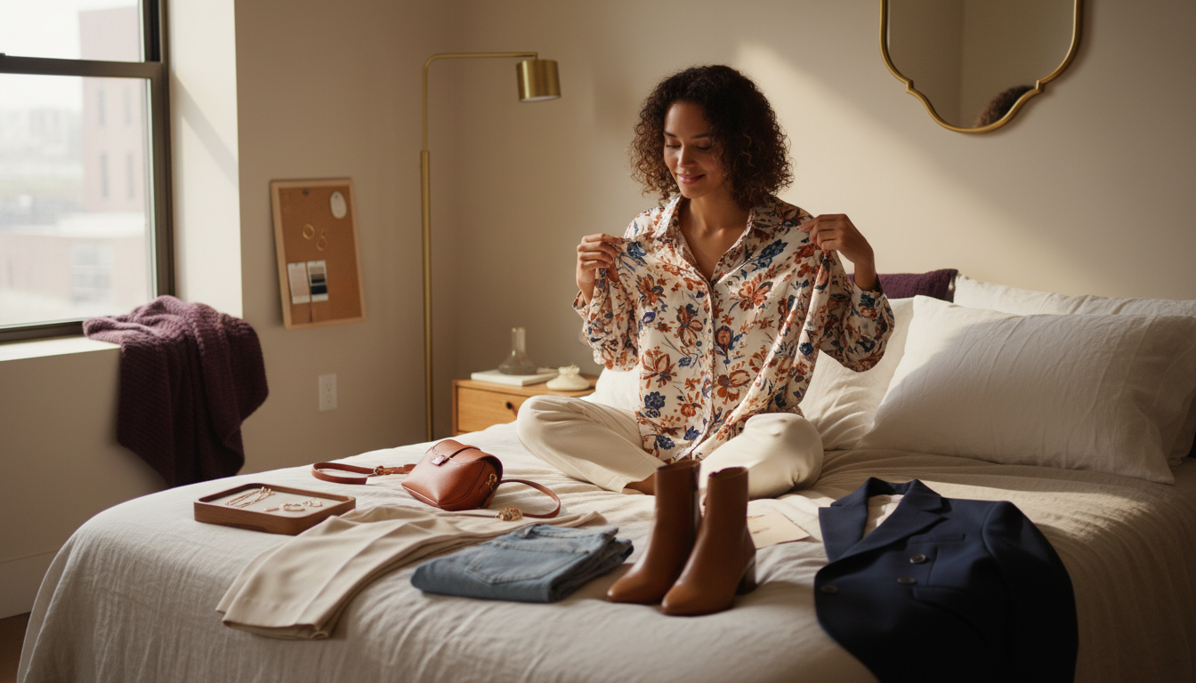 Woman sitting on a bed holding a favorite patterned blouse, surrounded by neatly arranged clothing in matching colors and neutrals.