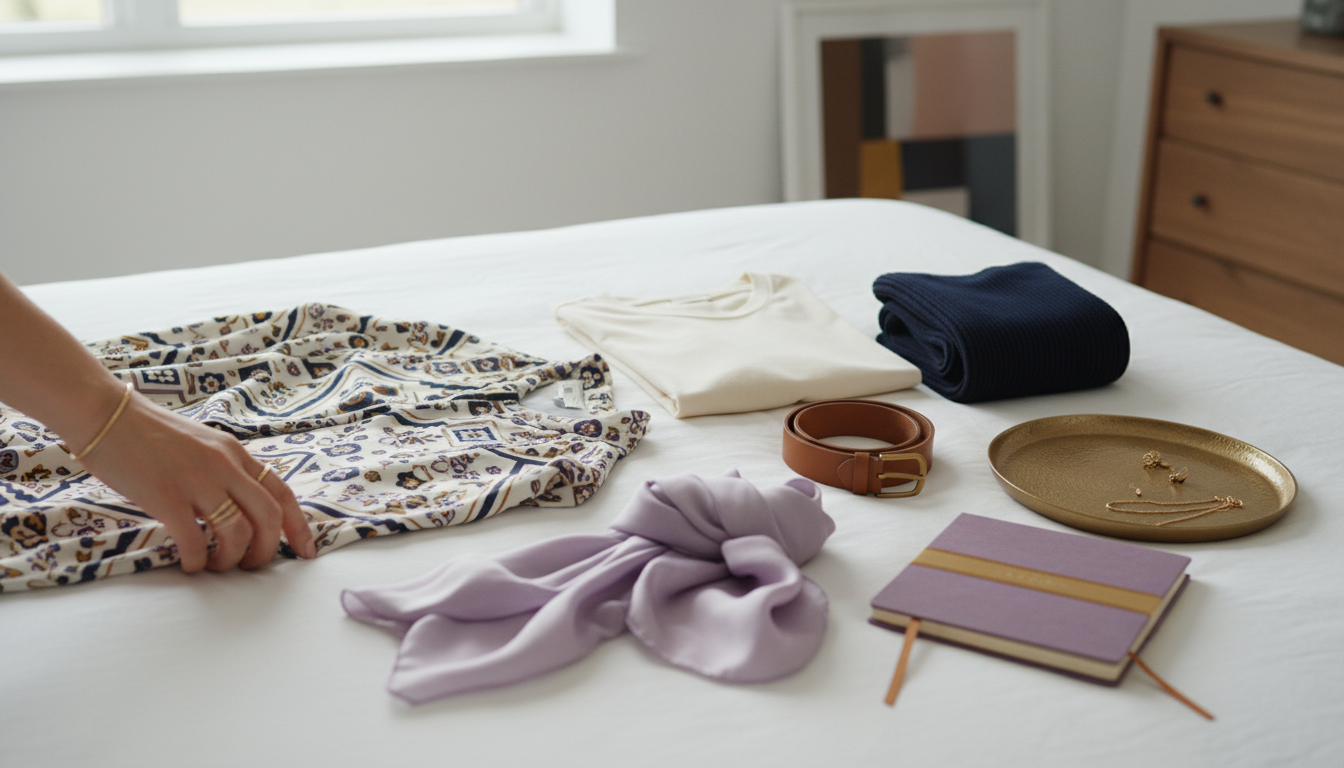 Close-up of a patterned garment on a bed with coordinating tops and accessories arranged to show the extracted color palette.