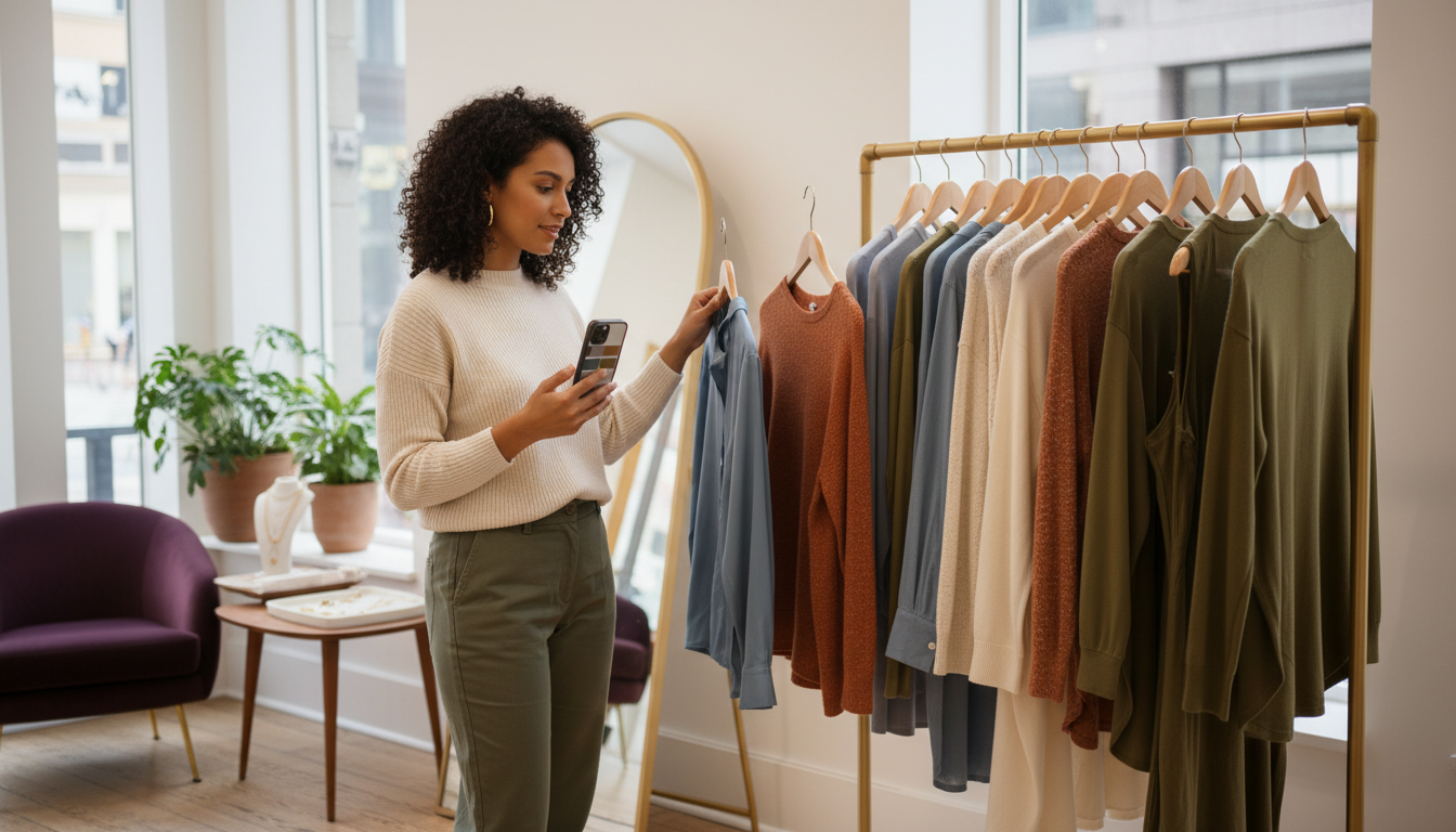 Woman in a bright boutique comparing two tops on a rack curated in a cohesive color palette, referencing her phone for guidance.