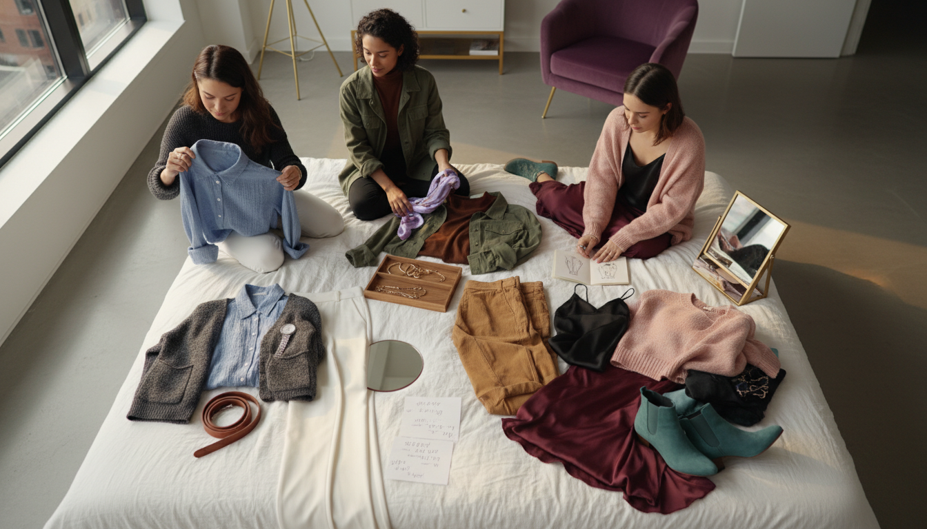 Overhead view of a bed displaying three small outfit clusters, each built around a different hero piece with its own cohesive color palette.