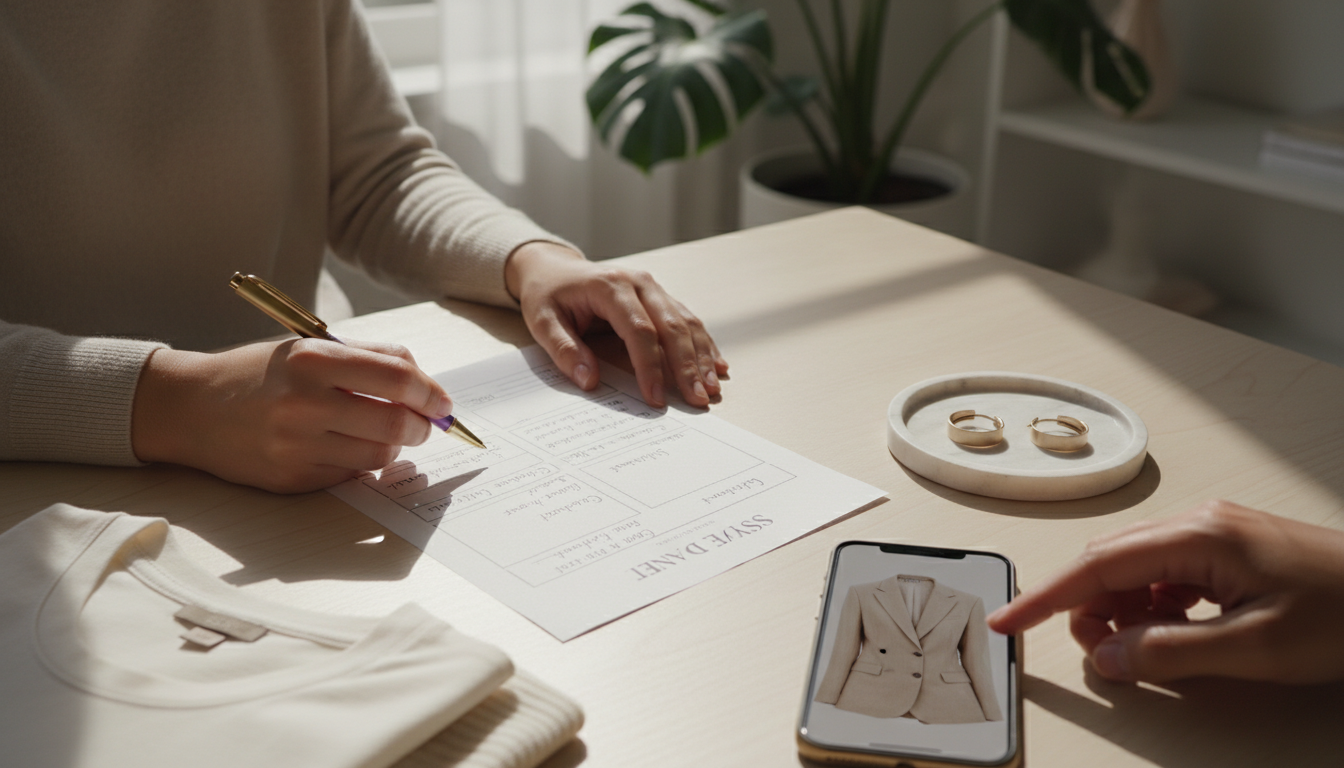 Partially filled Style DNA worksheet on a sunlit table with a pen, jewelry, and clothing nearby.