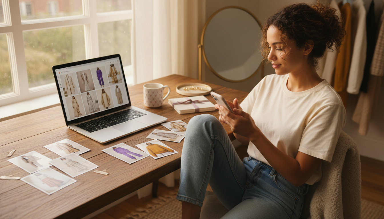 Woman at a sunlit desk reviewing cohesive and scattered outfit inspiration images on her laptop and prints.