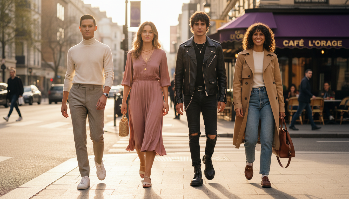 Four stylish people with distinct aesthetics walking along a sunlit city street, each showcasing minimalist, romantic, edgy, and classic outfits.