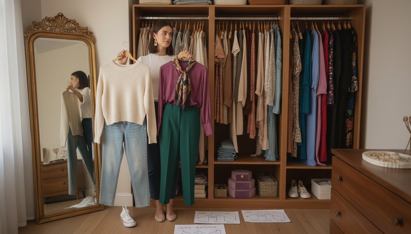 Person comparing a minimal casual outfit and a more formal colorful look in front of an organized wardrobe.