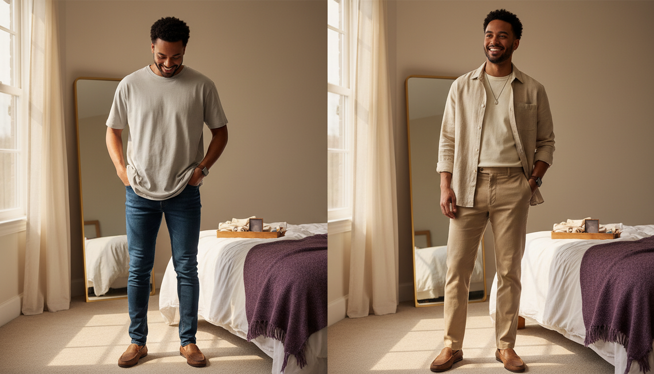 Same man with an oval body type shown first in sloppy, ill-fitting clothes and then in a structured, well-fitted outfit in a bright bedroom.