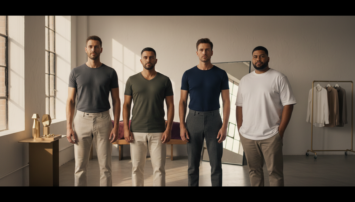 Four illustrated male body type silhouettes—rectangle, triangle, inverted triangle, and oval—shown in a modern minimalist style