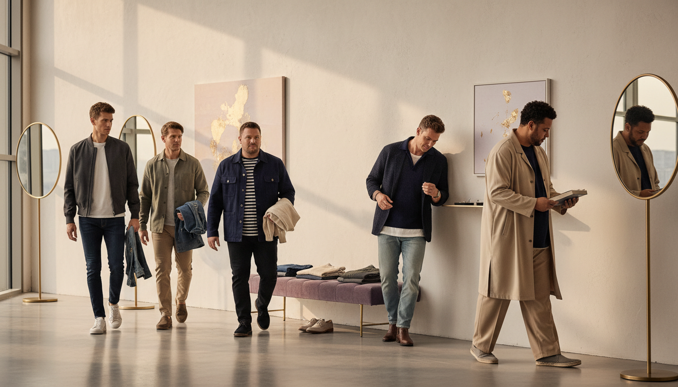 Four men of different body types each showcase two polished everyday outfits in a warm, minimalist hallway.