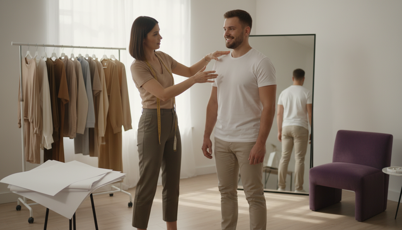Stylist assessing a man’s shoulders, waist, and hips in front of a full-length mirror in a minimalist studio.