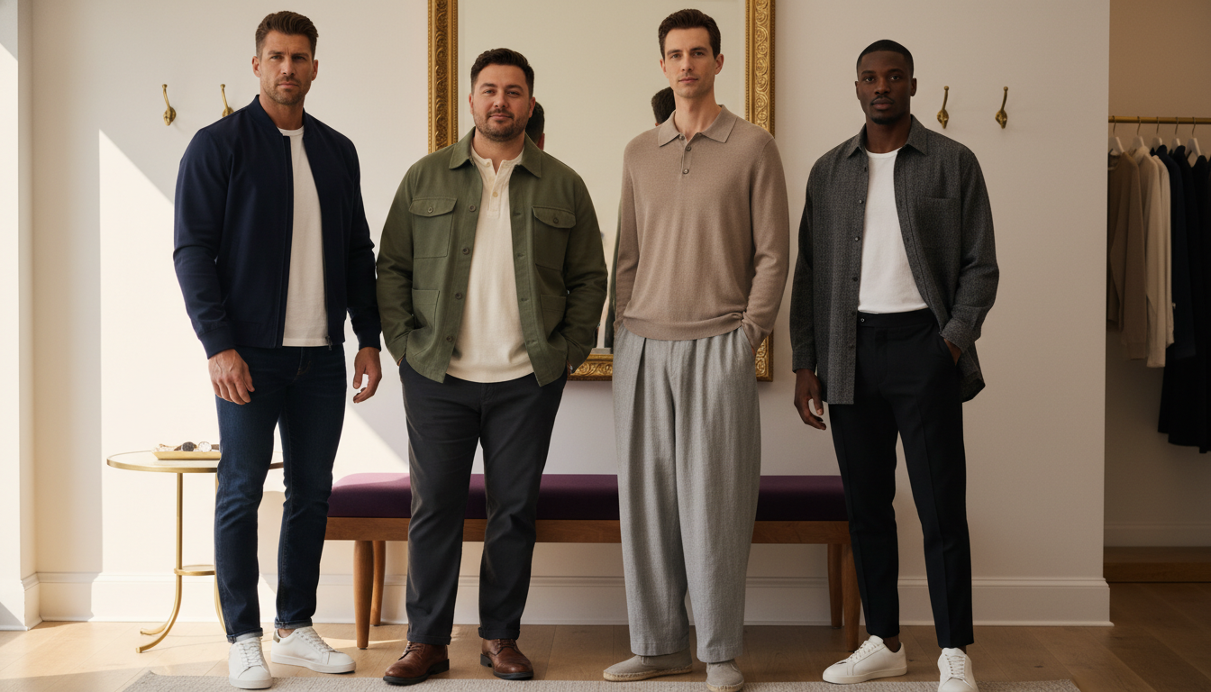 Four men with different builds wear outfits that highlight balanced silhouettes in a modern, sunlit dressing area.