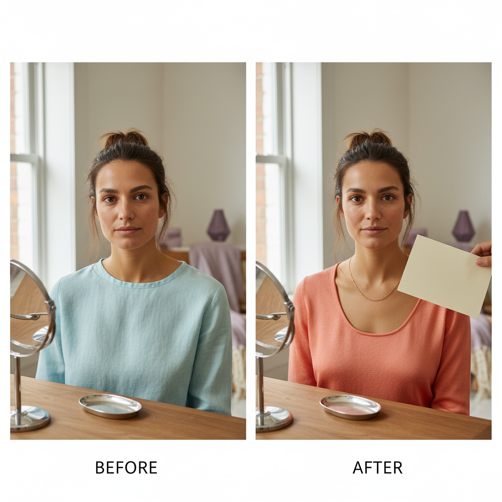 Same person in two different tops, one in a wrong undertone color and one in a flattering undertone-correct shade.